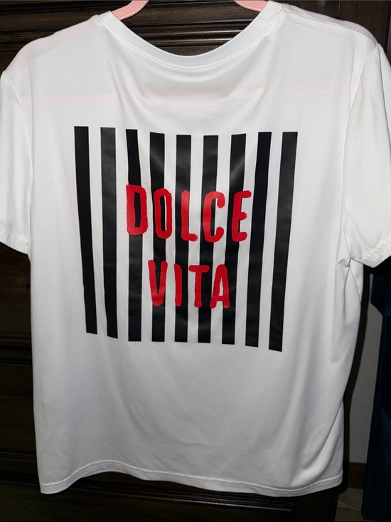 Dolce Vita Tops - Dolce Vita White Tee with Black Stripe Pocket and Red Logo